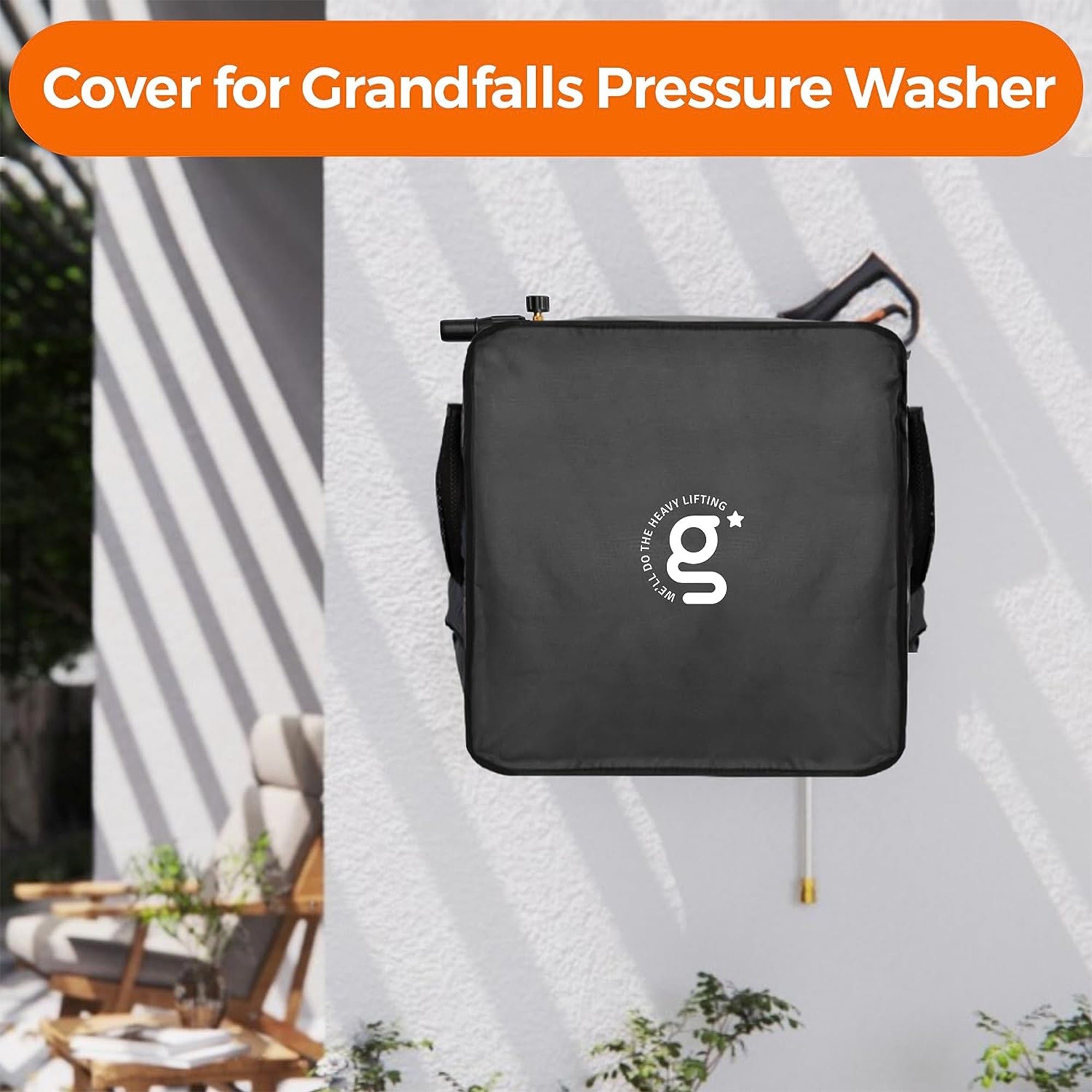 Pressure washer cover in dark fabric with carry handle and front flap closure for protection.