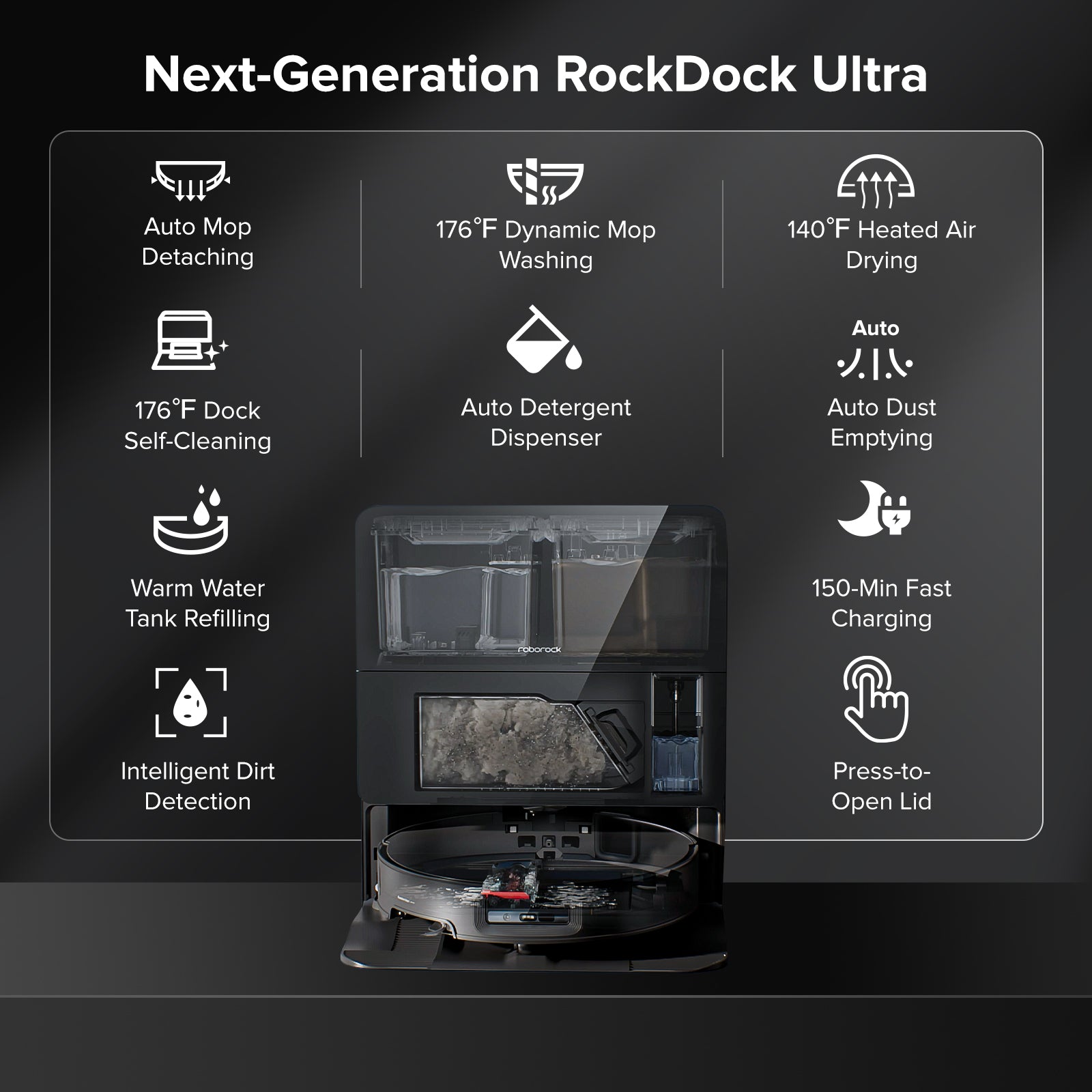 Roborock dock station with integrated compartments and charging area for the robot vacuum.