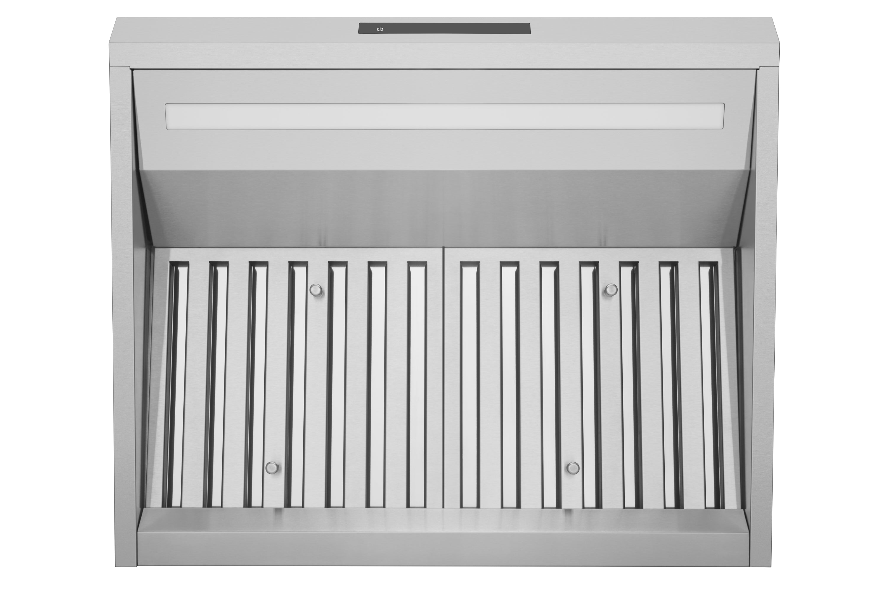 Stainless steel range hood front baffle grille with visible filter openings