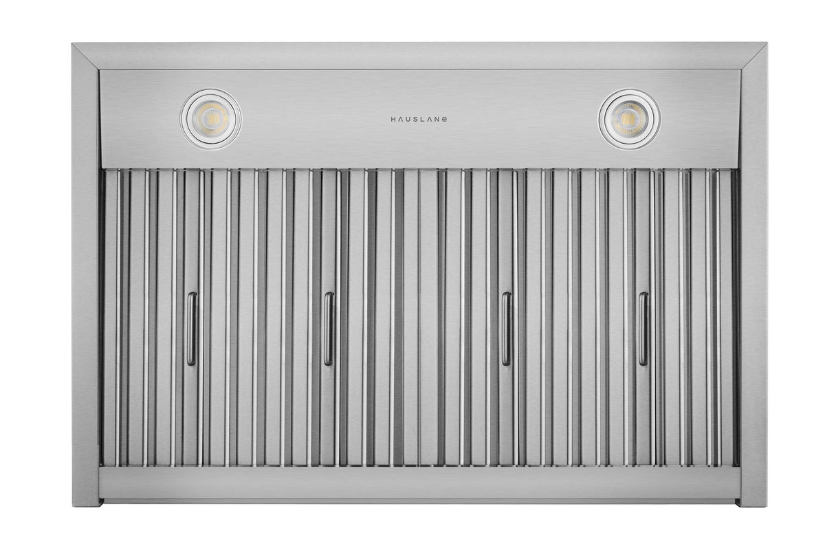 Stainless steel range hood filter panel with two circular LED lights