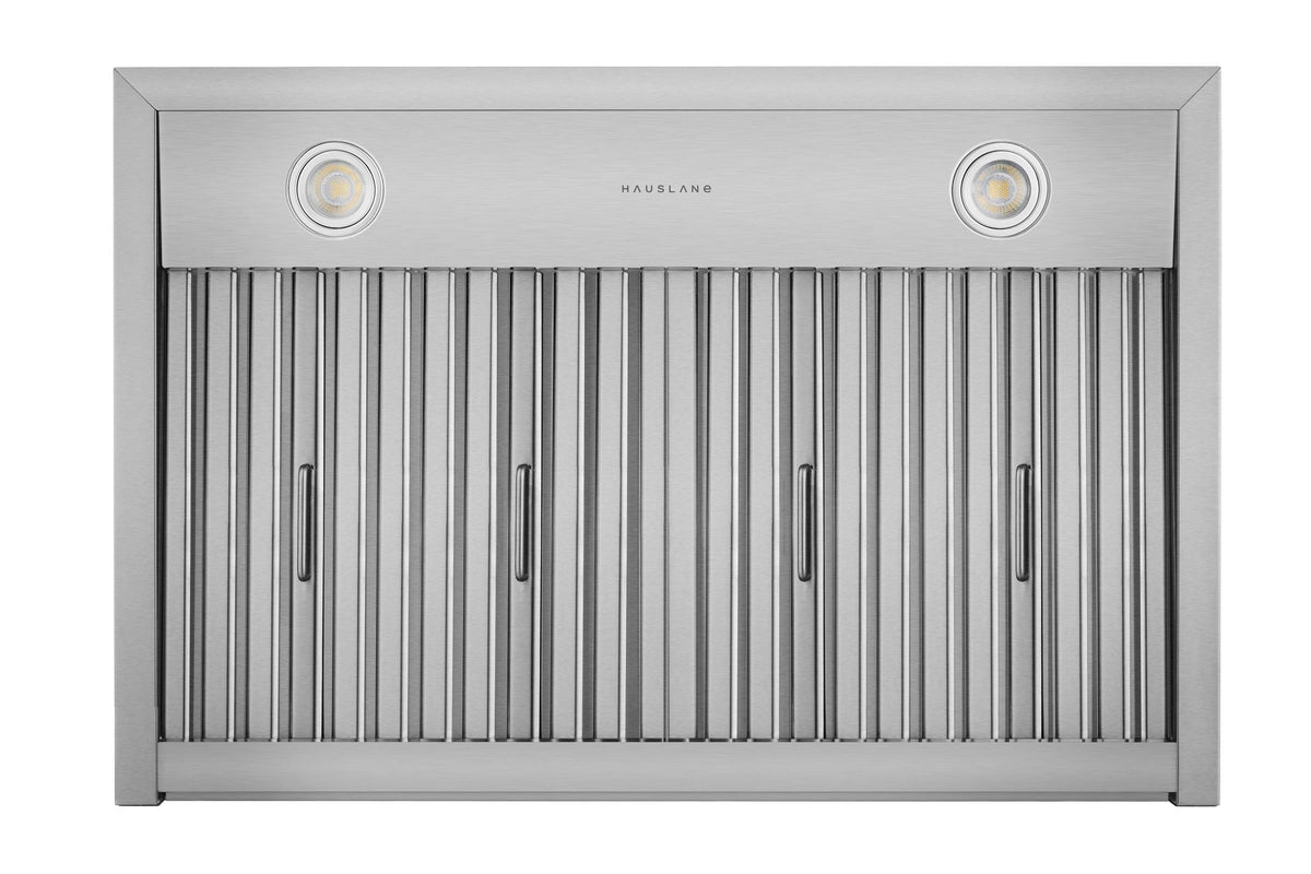 Stainless steel grease filter cover with dual circular light housings on the front.