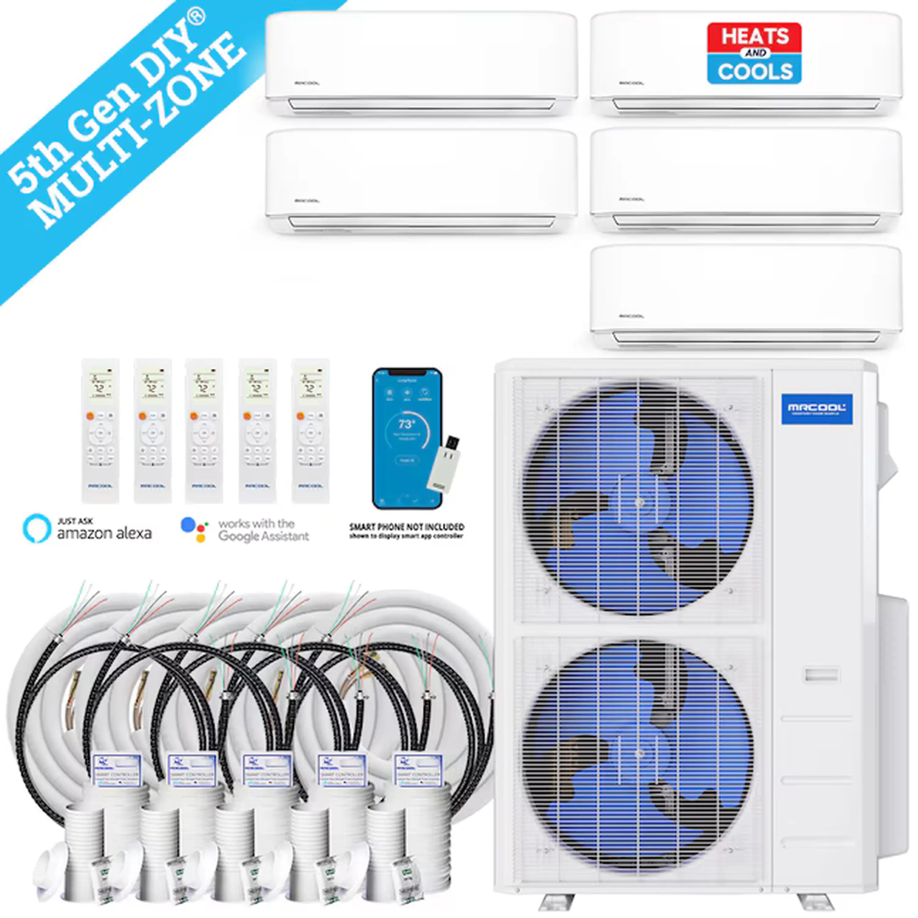 Ductless mini-split kit with five white indoor units, remote, and insulated line set