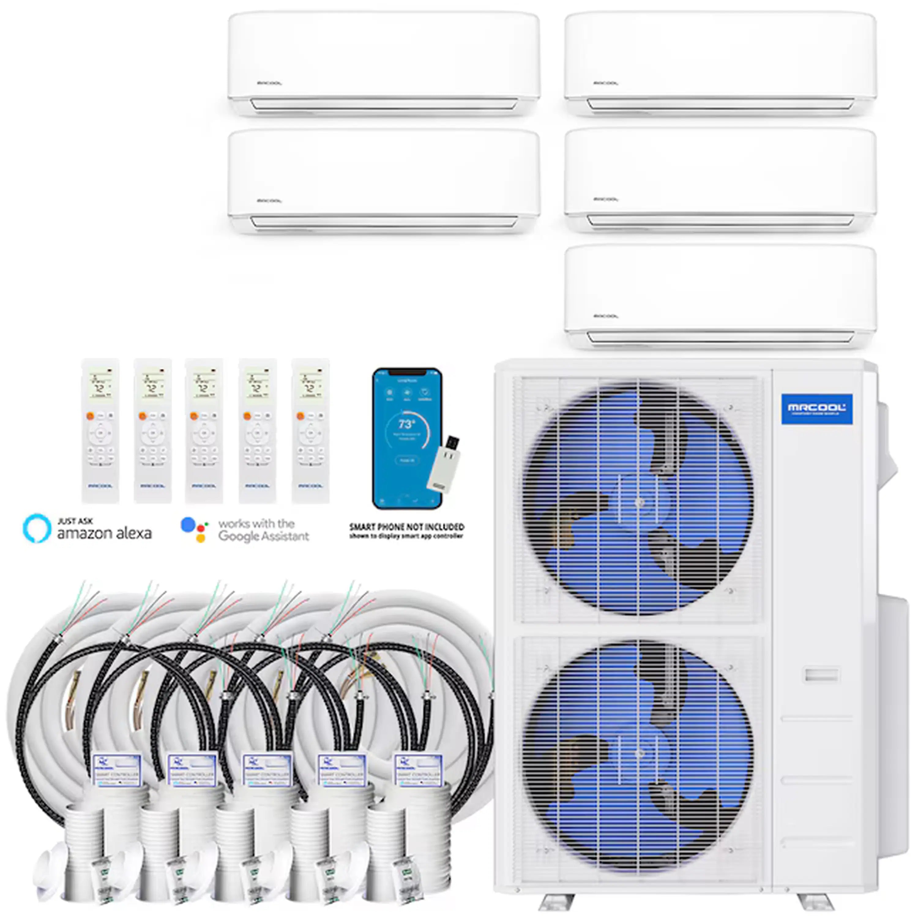 MRCOOL multi-zone ductless mini split kit with five white indoor wall units and outdoor condenser
