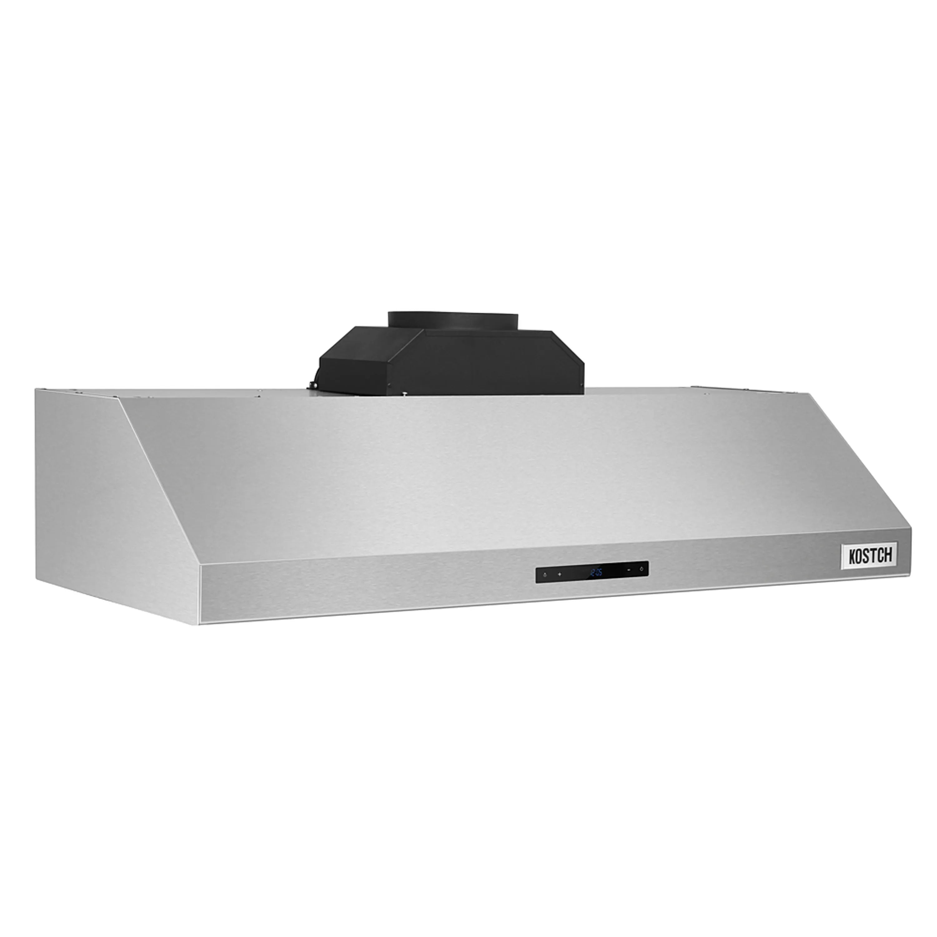 Stainless steel range hood angled side view with black control panel