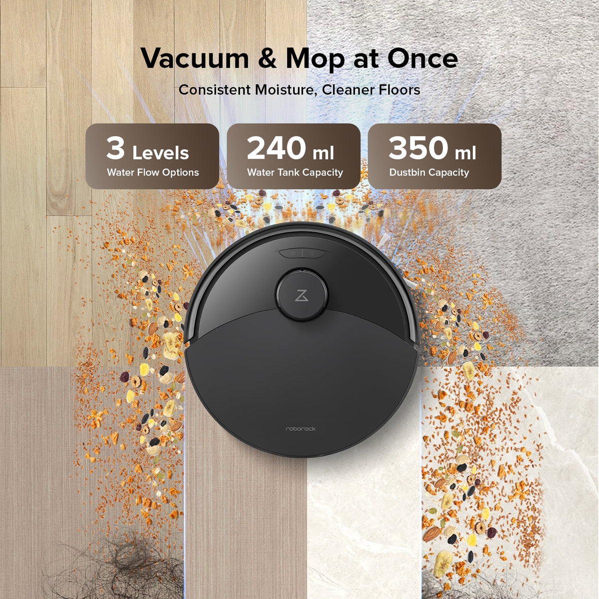 Black robot vacuum and mop dispensing water on tile with visible splashes