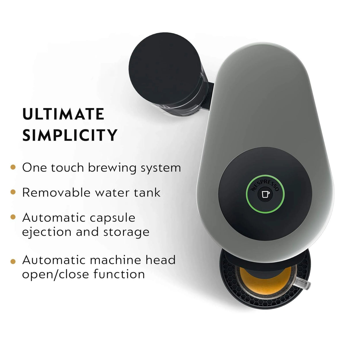 Gray and black Nespresso VertuoPlus machine with one-touch brew button