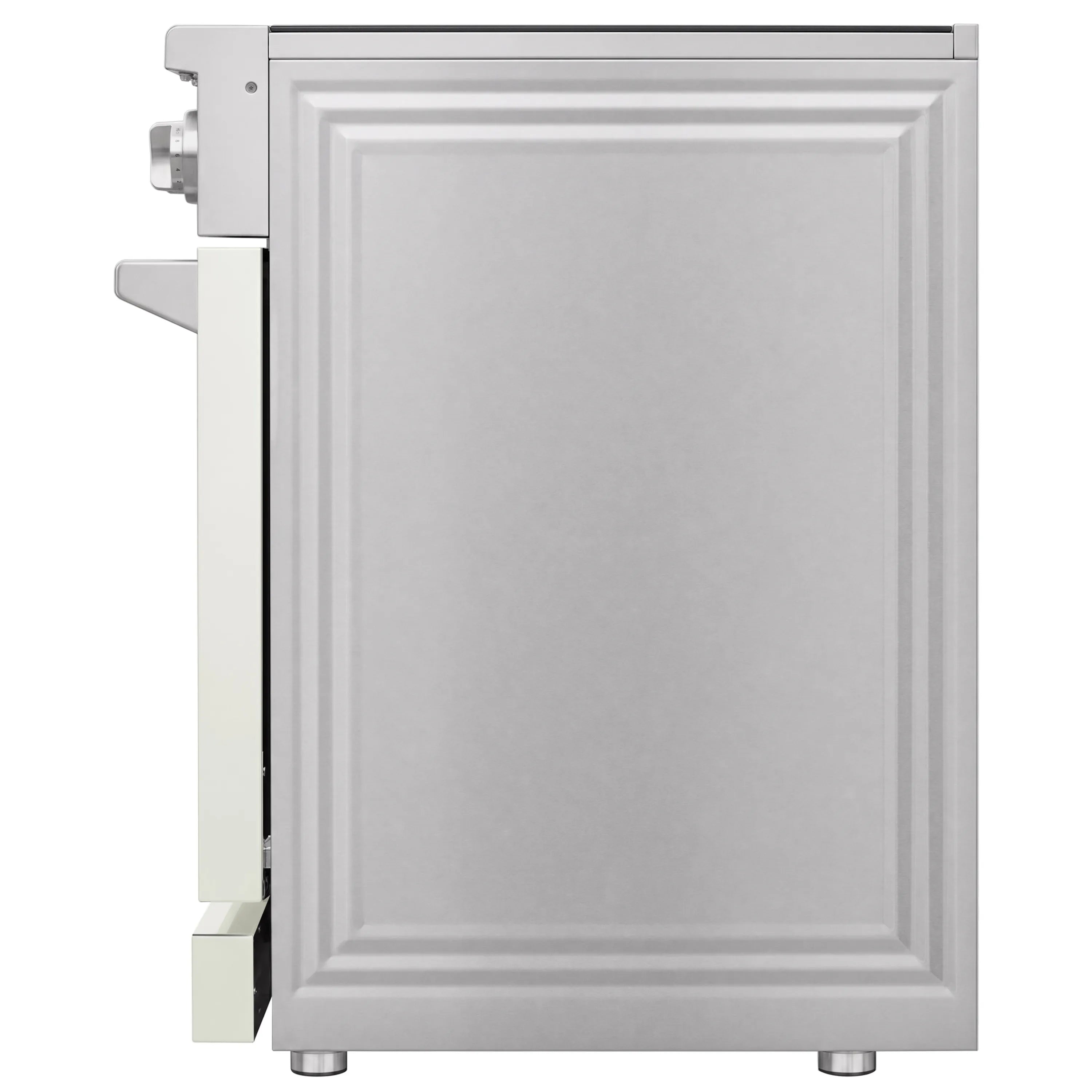 Exterior side view of a 36-inch electric range with control knobs