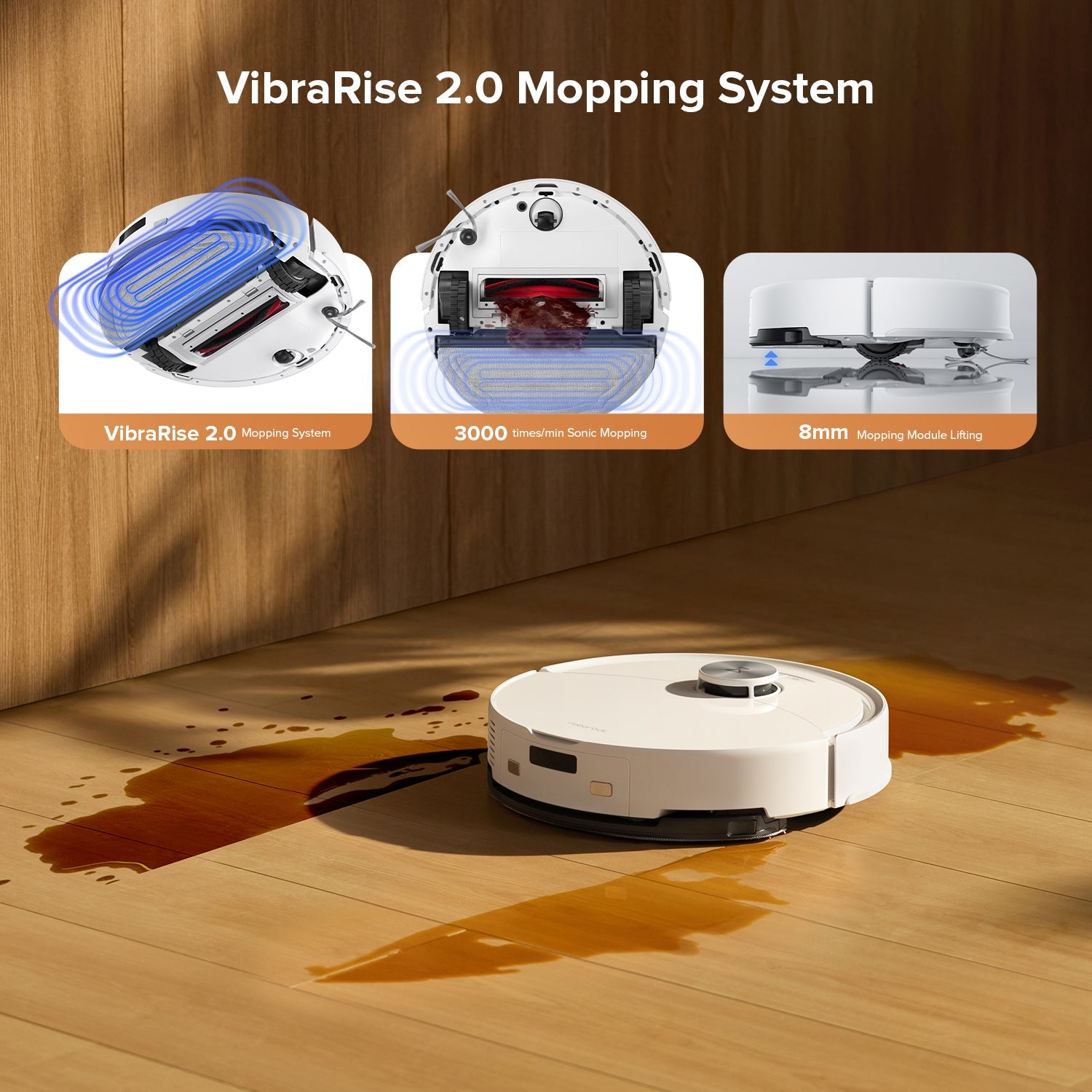 Robot vacuum and mop with vibrating mopping system cleaning a wood floor spill