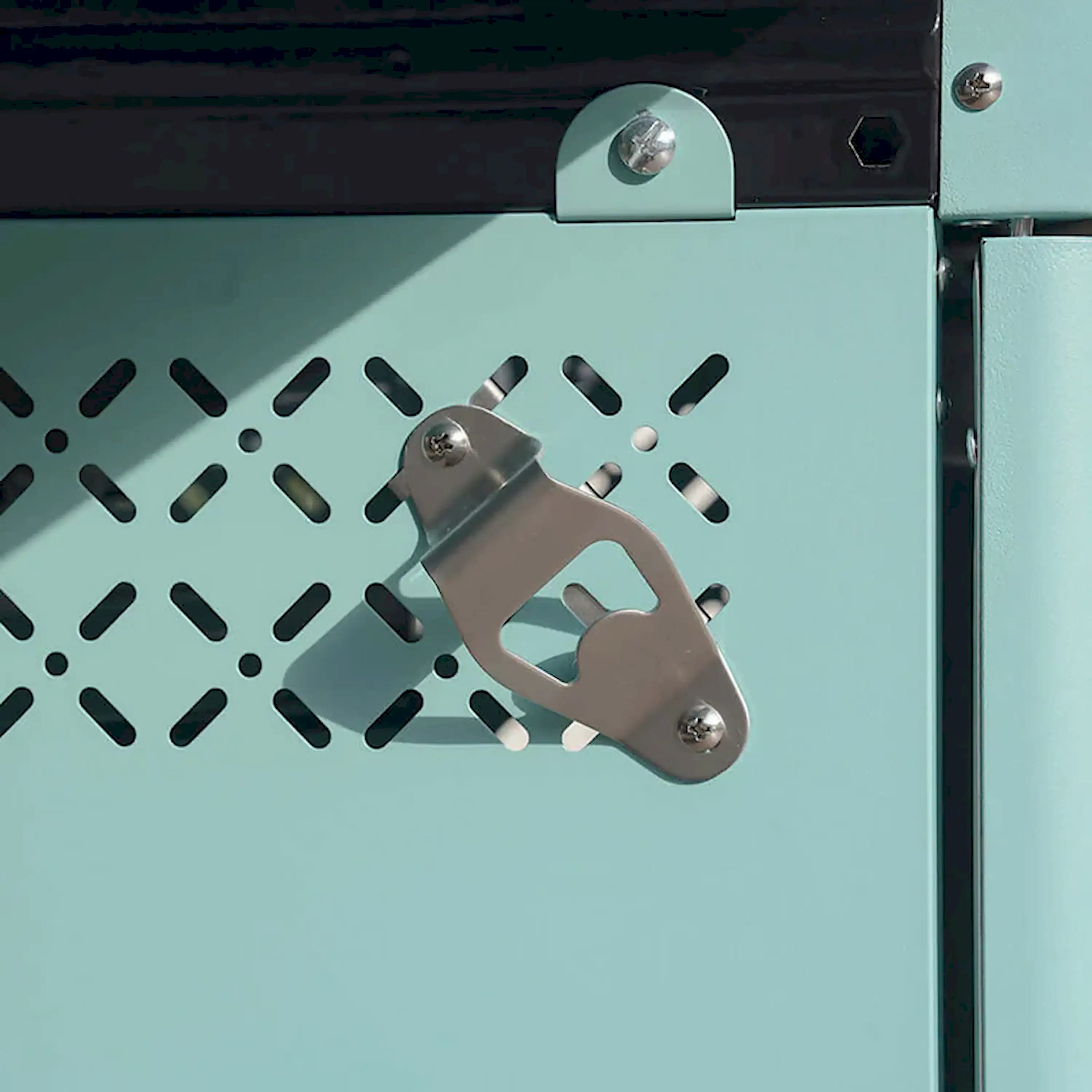 Green grill front panel with vented cover and metal handle latch