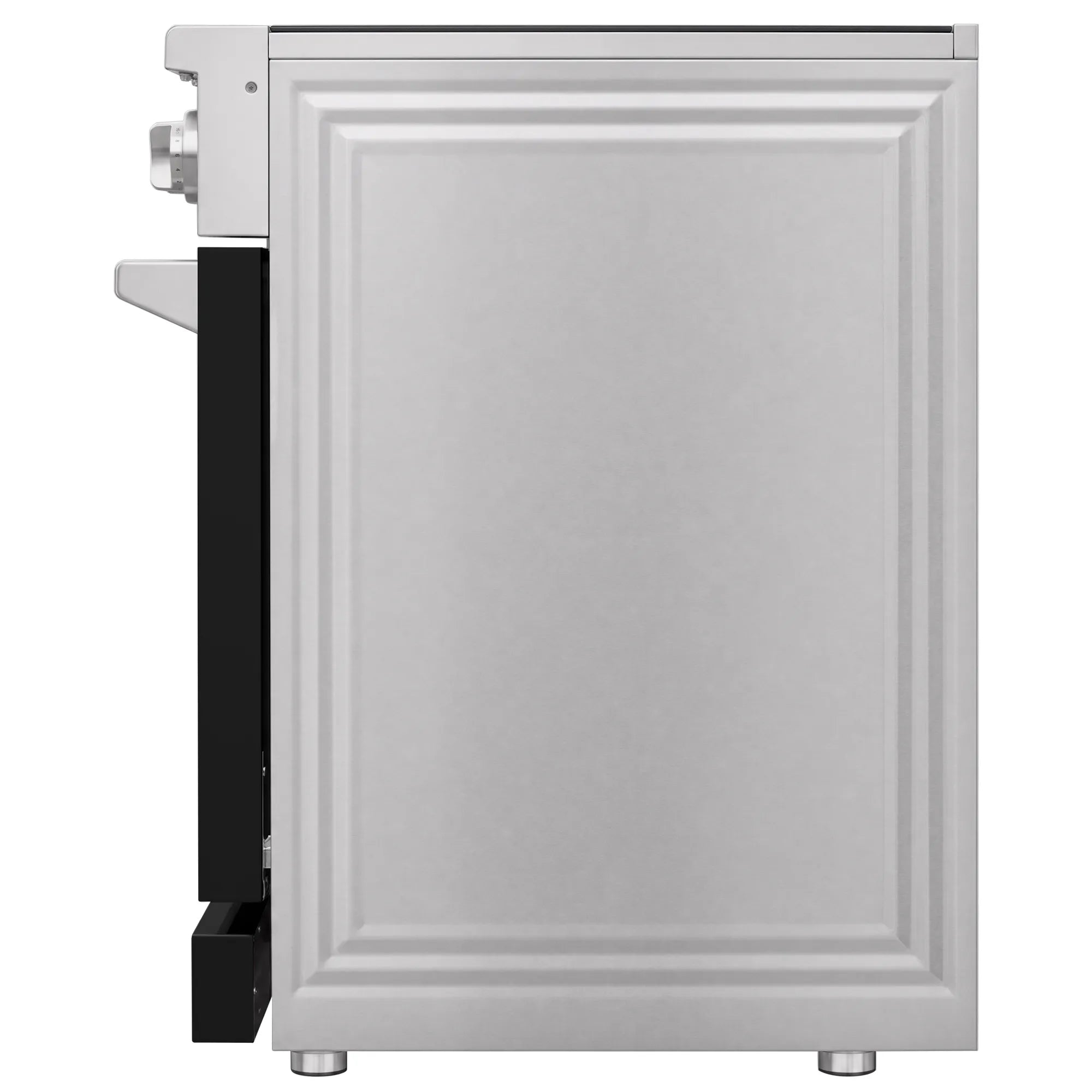 White electric range front with closed oven door and black side control panel