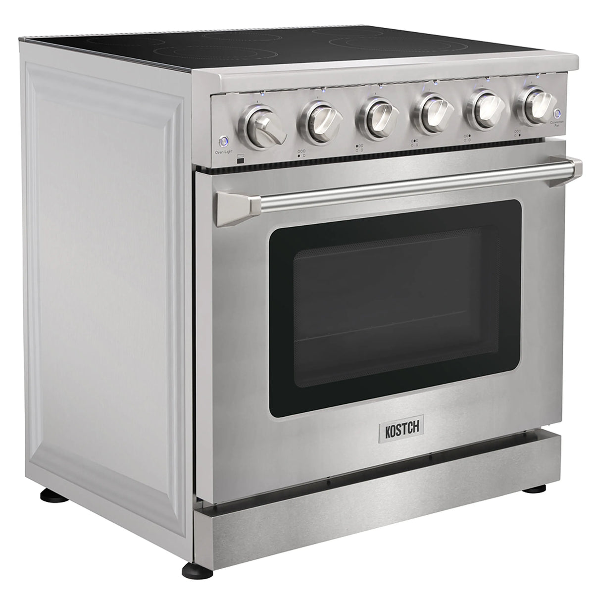 Stainless steel electric range with black glass cooktop and oven door window