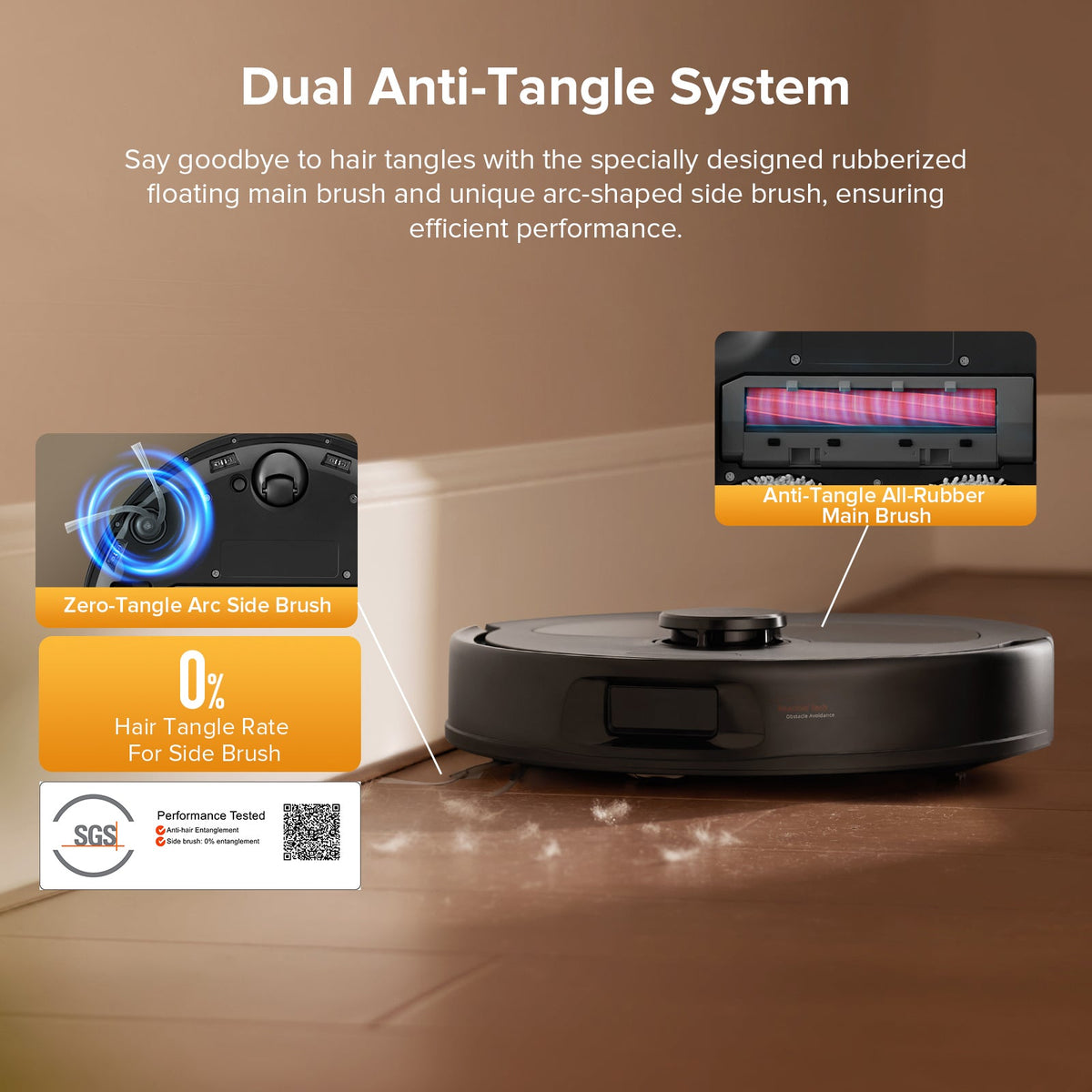Black robot vacuum cleaner with top view showing dual anti-tangle brush system
