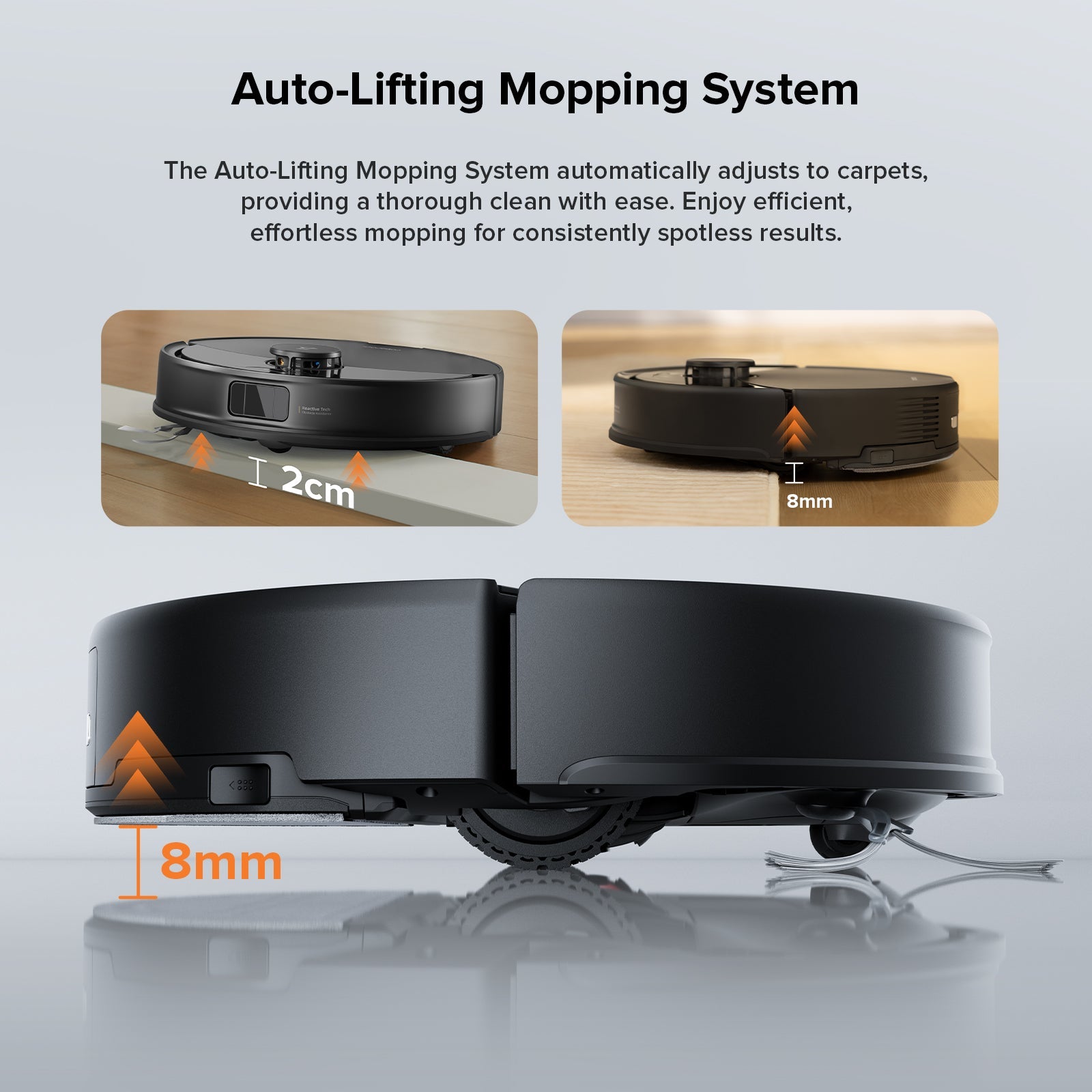 Robot vacuum and mop showing auto-lifting mop system with 8mm clearance view