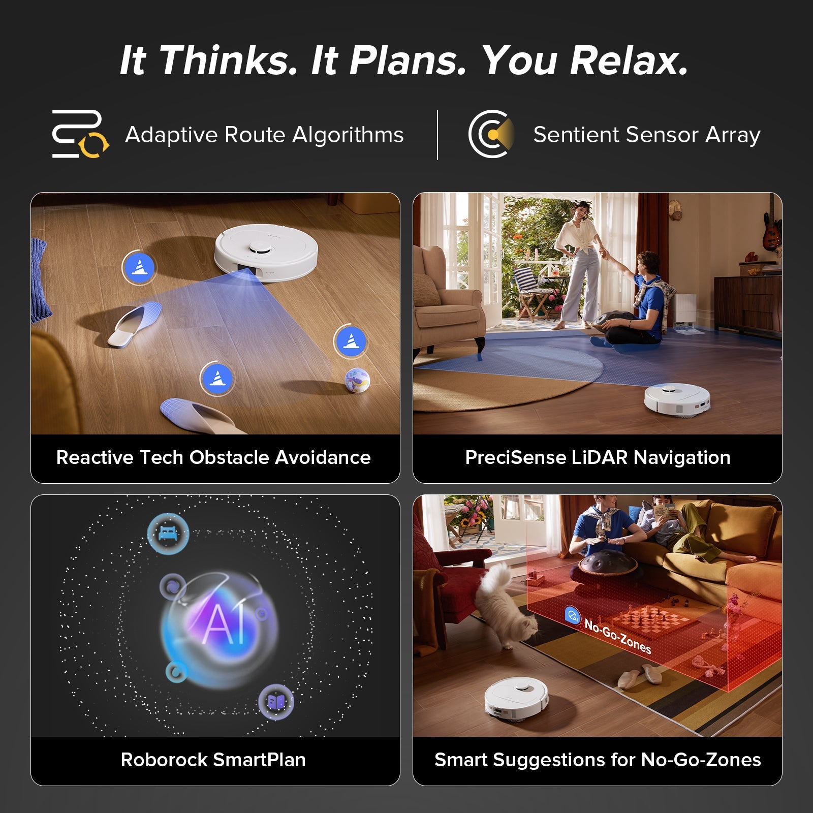 White robot vacuum planning routes and avoiding obstacles on a living room floor