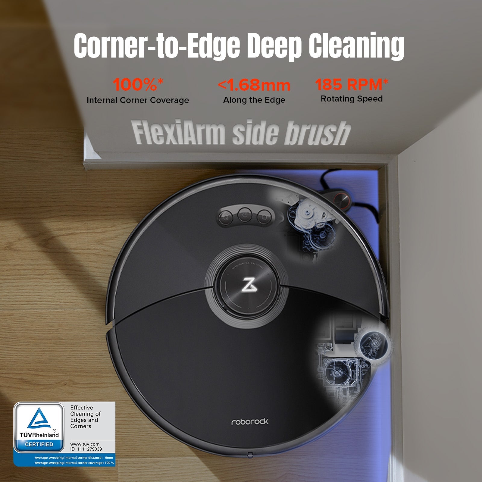 Black robot vacuum cleaning along a wall corner under a cabinet with side brush