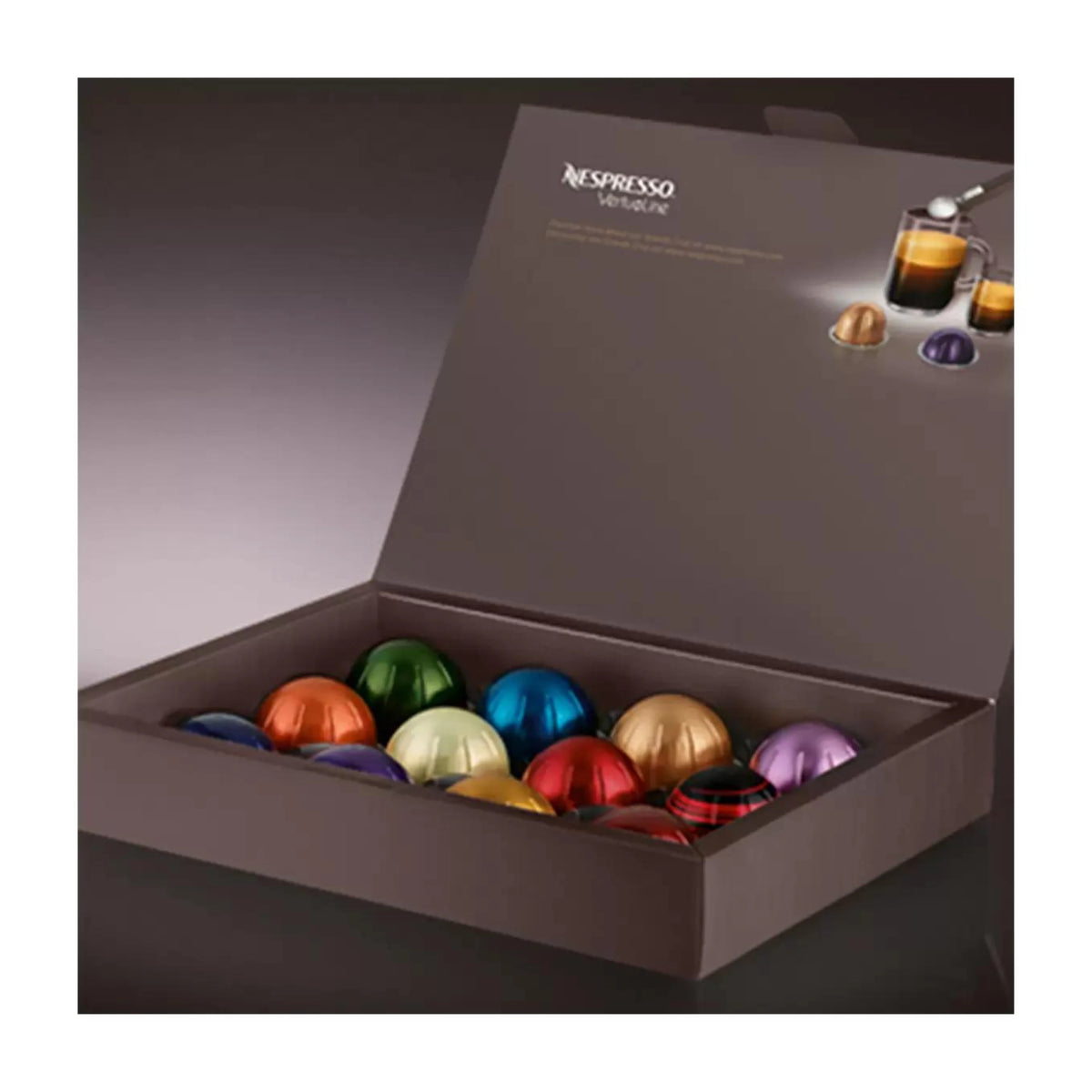 Nespresso capsule variety pack in a cardboard box with colorful pods