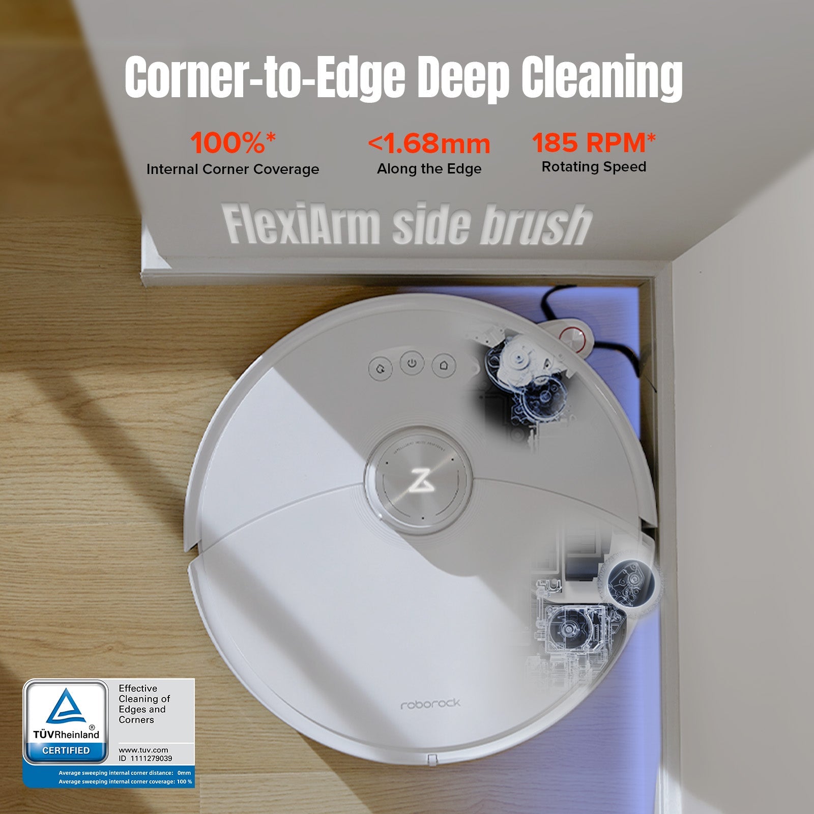 Robot vacuum with circular top and flexible side brush, light gray body