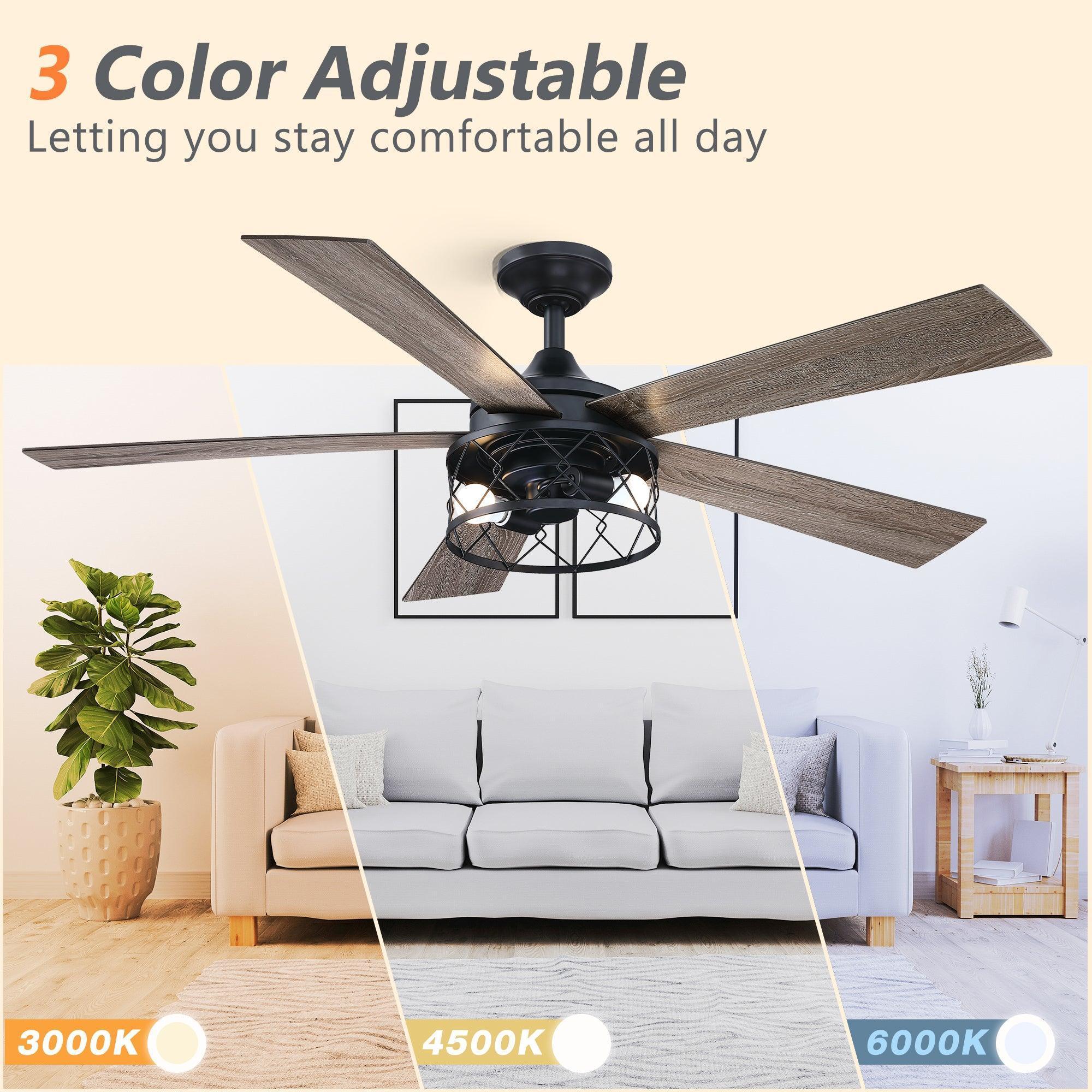 Black five-blade ceiling fan with reversible wood-tone blades and integrated lighting