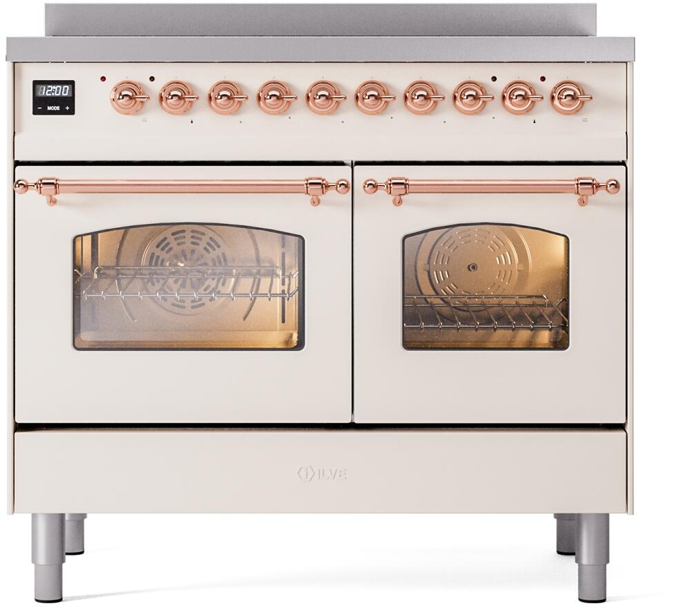 Antique white induction electric range with copper trim, double oven doors and control knobs