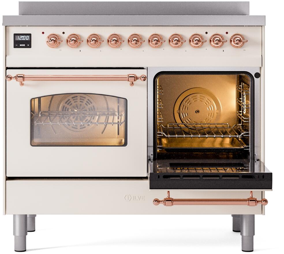Freestanding induction range, left oven door closed with window and right oven door open, copper trim
