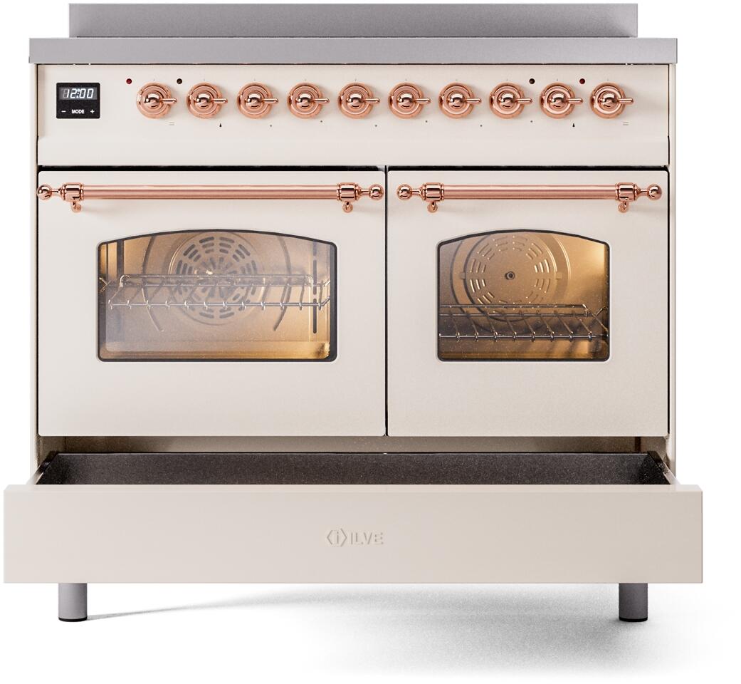 Freestanding induction range with both oven doors closed and glass windows, copper handle and trim