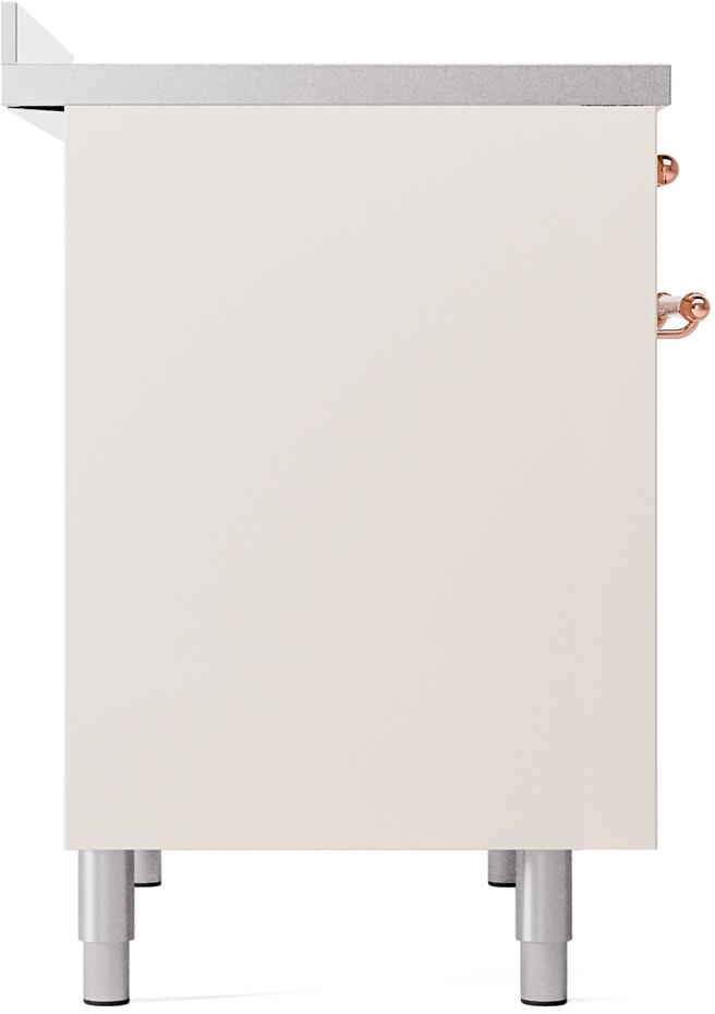 Freestanding induction range side panel with adjustable feet and bottom edge, antique white finish