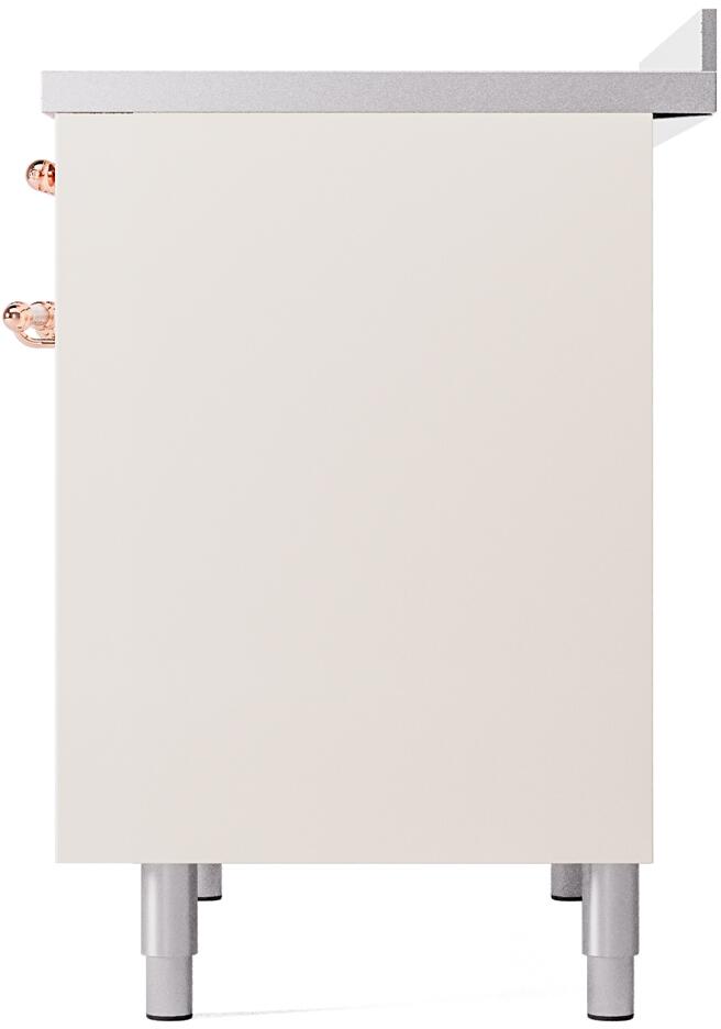 Freestanding induction range rear side panel corner with feet, antique white with copper trim detail