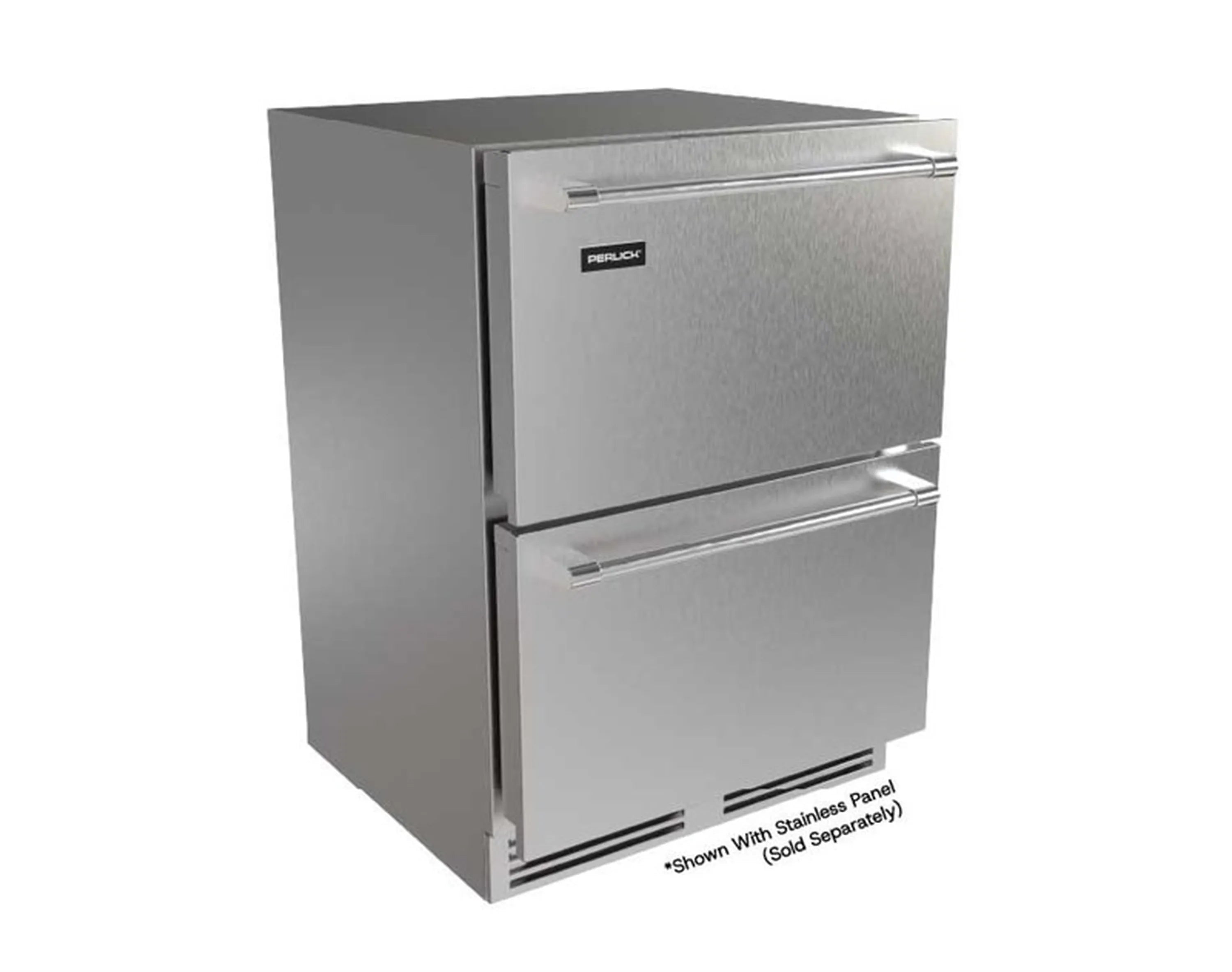 Panel-ready stainless undercounter refrigerator drawer with two doors and sleek handles