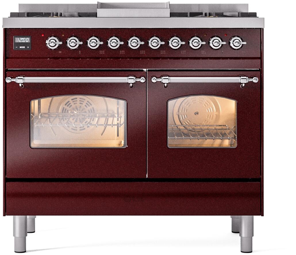 Burgundy freestanding range with chrome control panel, burners, and twin oven windows