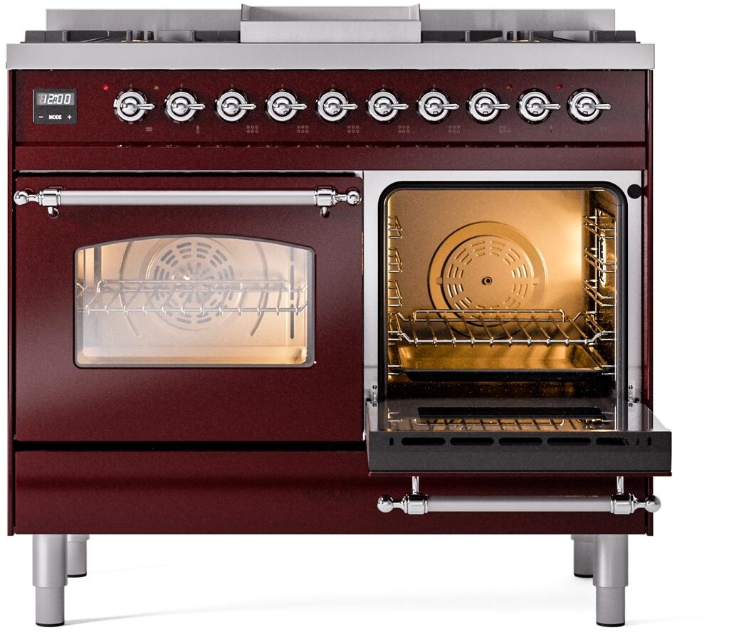 Burgundy dual fuel freestanding range with chrome trim, open upper and lower ovens