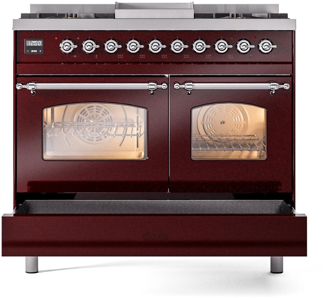 Burgundy dual fuel range front with two glass oven doors and row of chrome control knobs