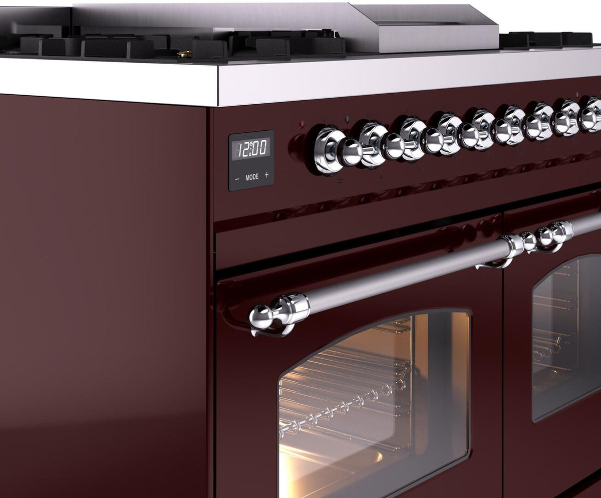 Burgundy dual fuel freestanding range with chrome knobs and long oven handle