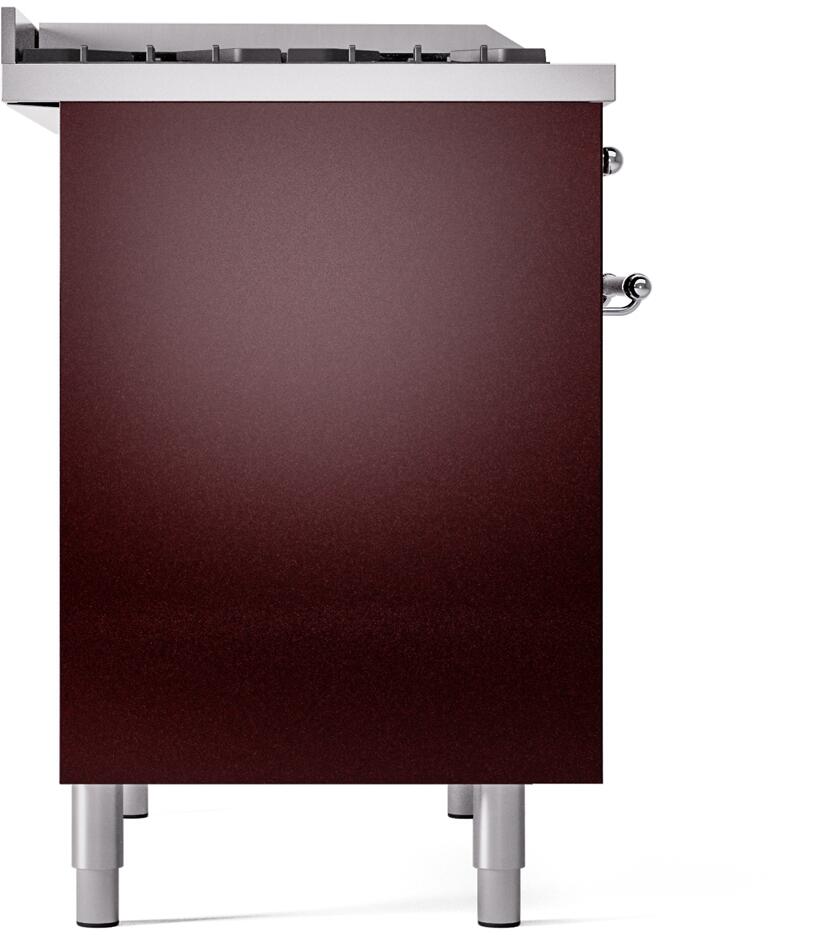 Burgundy side panel of a freestanding dual fuel range with chrome corner accents and legs