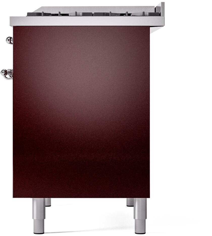Burgundy freestanding dual fuel range side panel with chrome knobs and four leveling legs