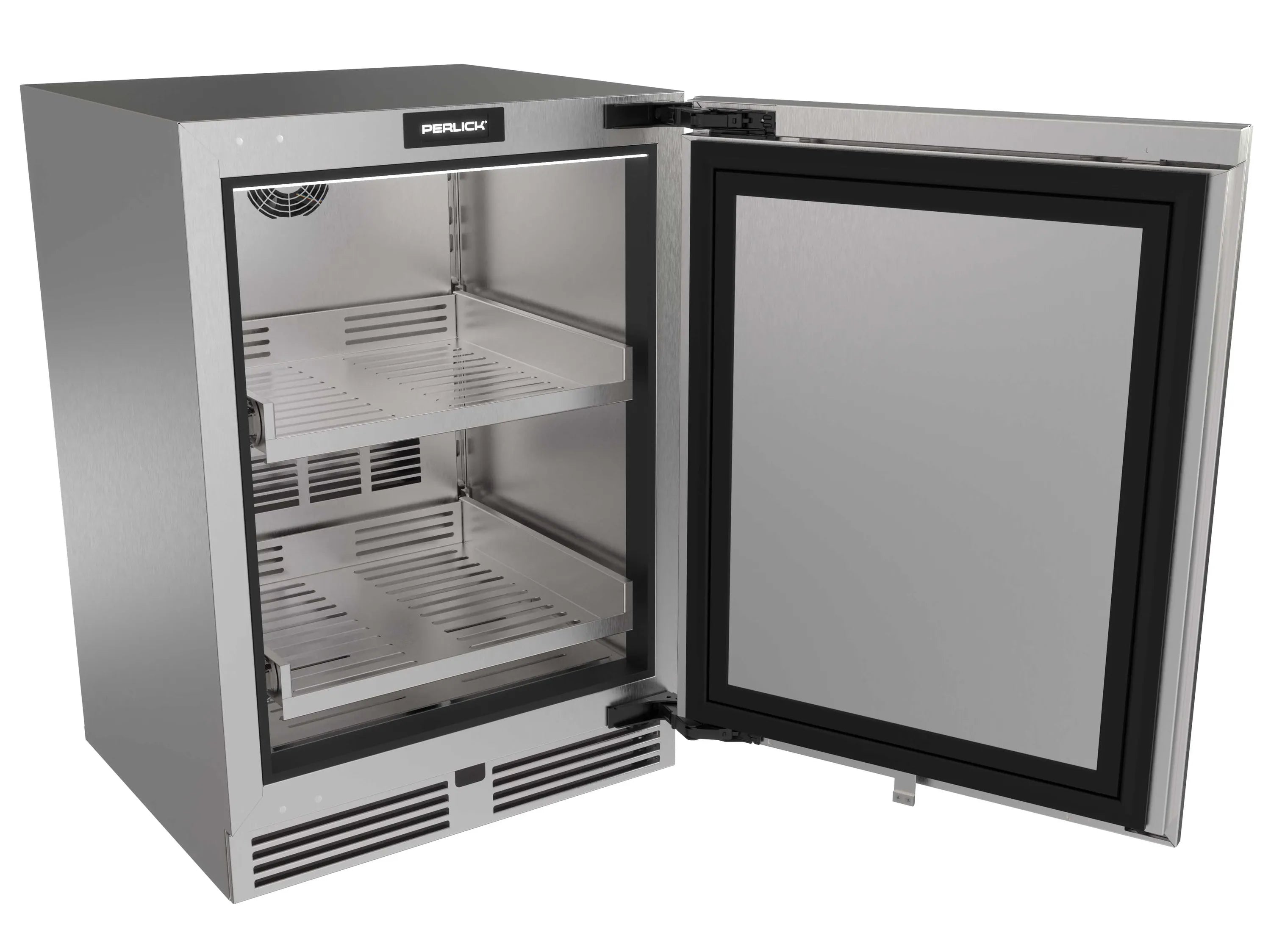 Perlick panel-ready undercounter refrigerator with solid door, open view of shelves