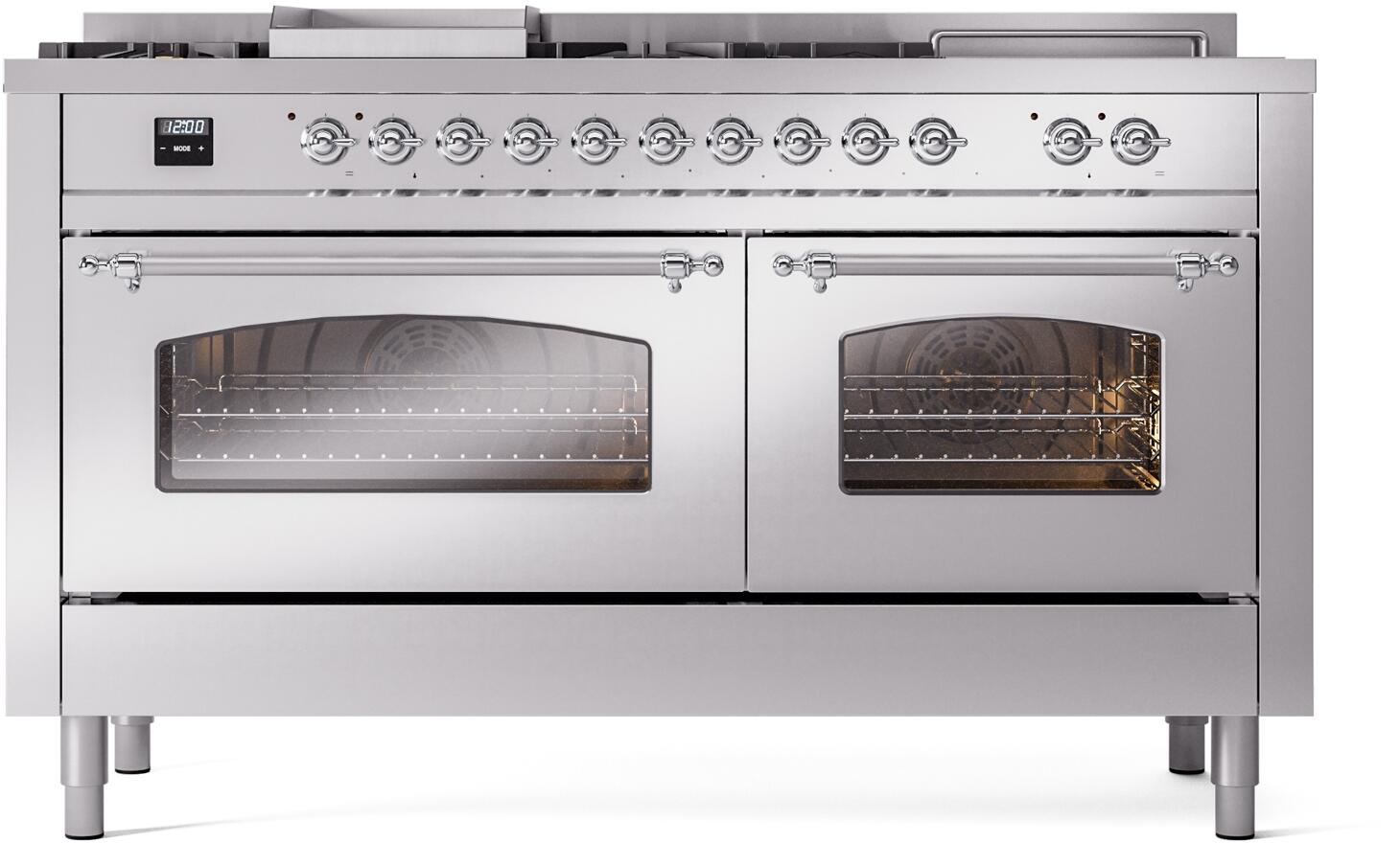 Stainless dual-fuel range with two glass oven doors and chrome-trim control panel