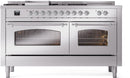 ILVE Nostalgie II 60-Inch Natural Gas Dual Fuel Range with 7 Burners, Griddle, & French Top with Triple Glass Door Oven in Stainless Steel with Chrome Trim (UP60FSNMPSSC)