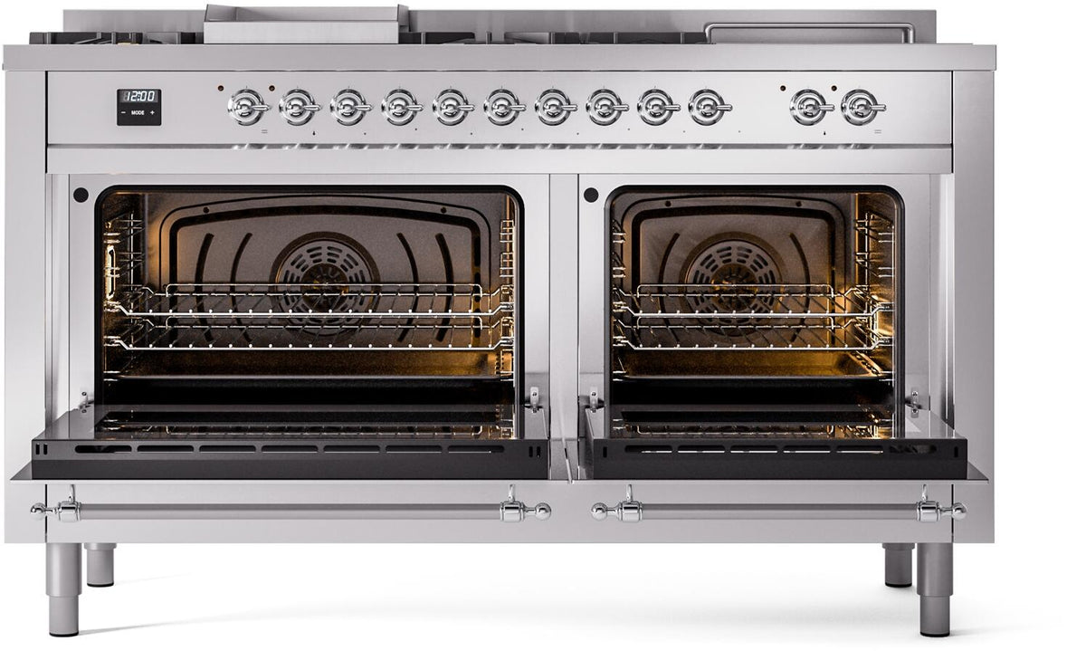 Stainless steel dual-fuel range with both oven doors open and visible oven racks