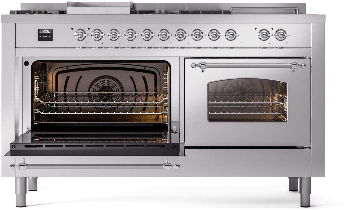 Stainless steel dual-fuel range with one oven door open and another oven window