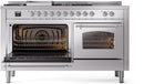 ILVE Nostalgie II 60-Inch Natural Gas Dual Fuel Range with 7 Burners, Griddle, & French Top with Triple Glass Door Oven in Stainless Steel with Chrome Trim (UP60FSNMPSSC)