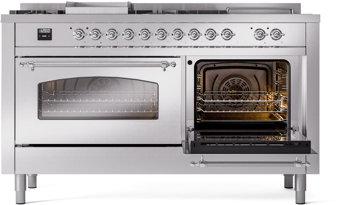 Stainless steel dual fuel gas range with one open oven door and visible oven racks