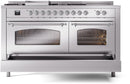 ILVE Nostalgie II 60-Inch Propane Gas Dual Fuel Range with 7 Burners, Griddle, & French Top with Triple Glass Door Oven in Stainless Steel with Chrome Trim (UP60FSNMPSSCLP)