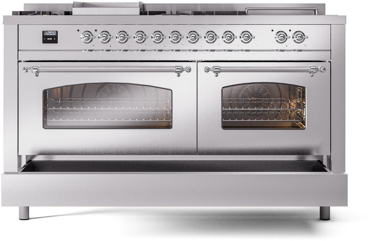 Stainless steel dual-fuel range with two oven windows and a wide lower front opening