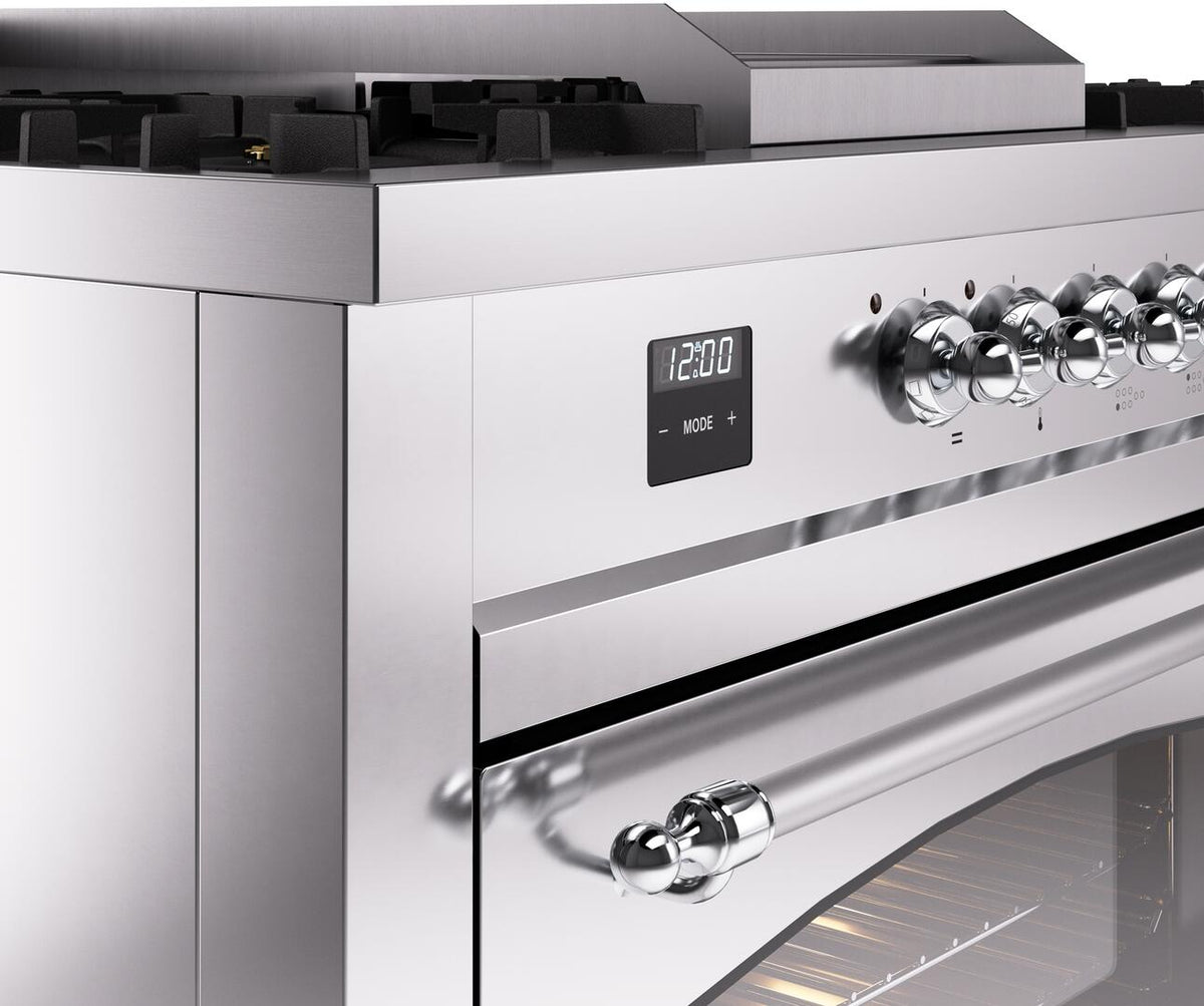 Stainless steel gas range control panel with digital display and chrome knobs