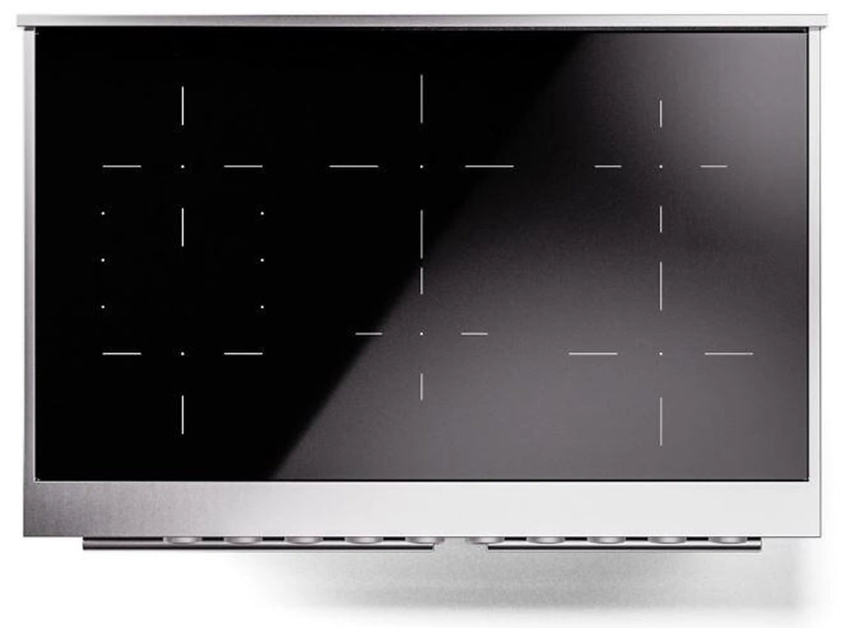 Stainless induction range cooktop with black glass and slim control touch lines