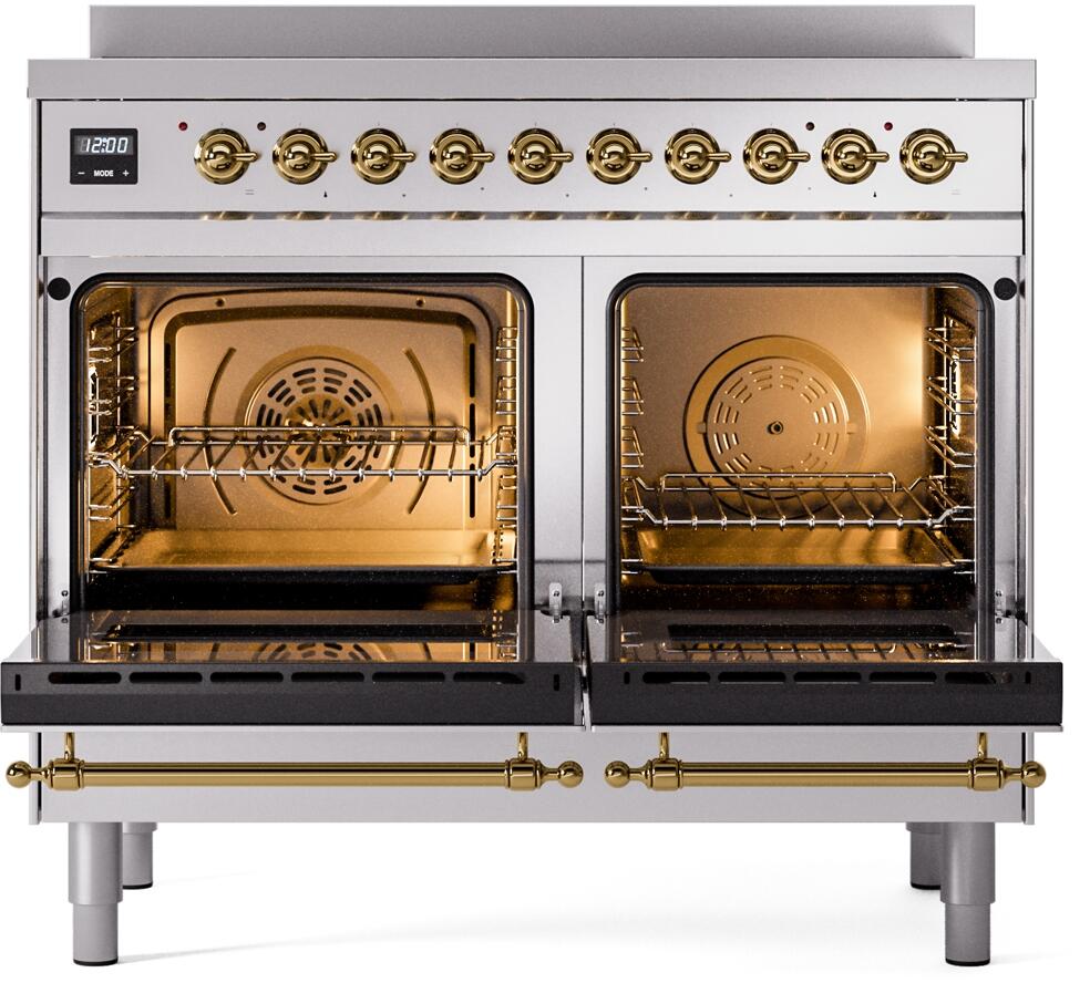 Freestanding induction range open: two ovens with racks and brass accents, front view