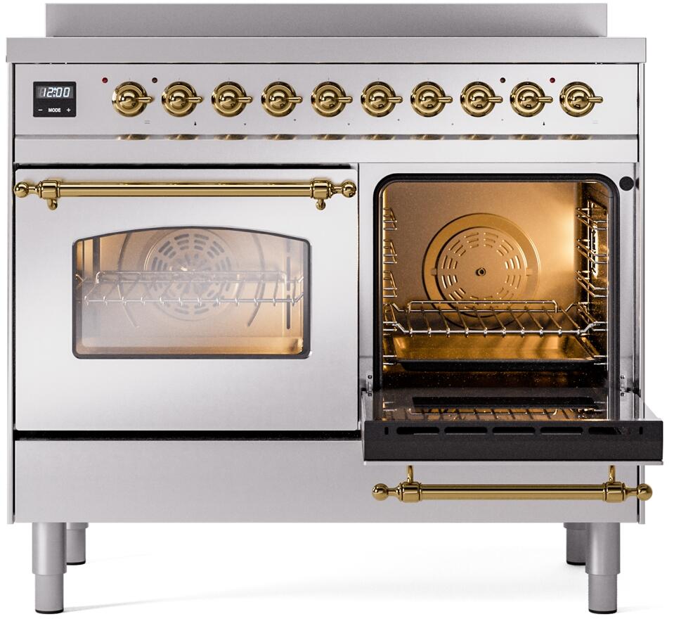 Stainless induction range with brass handle rails and right oven window, front view