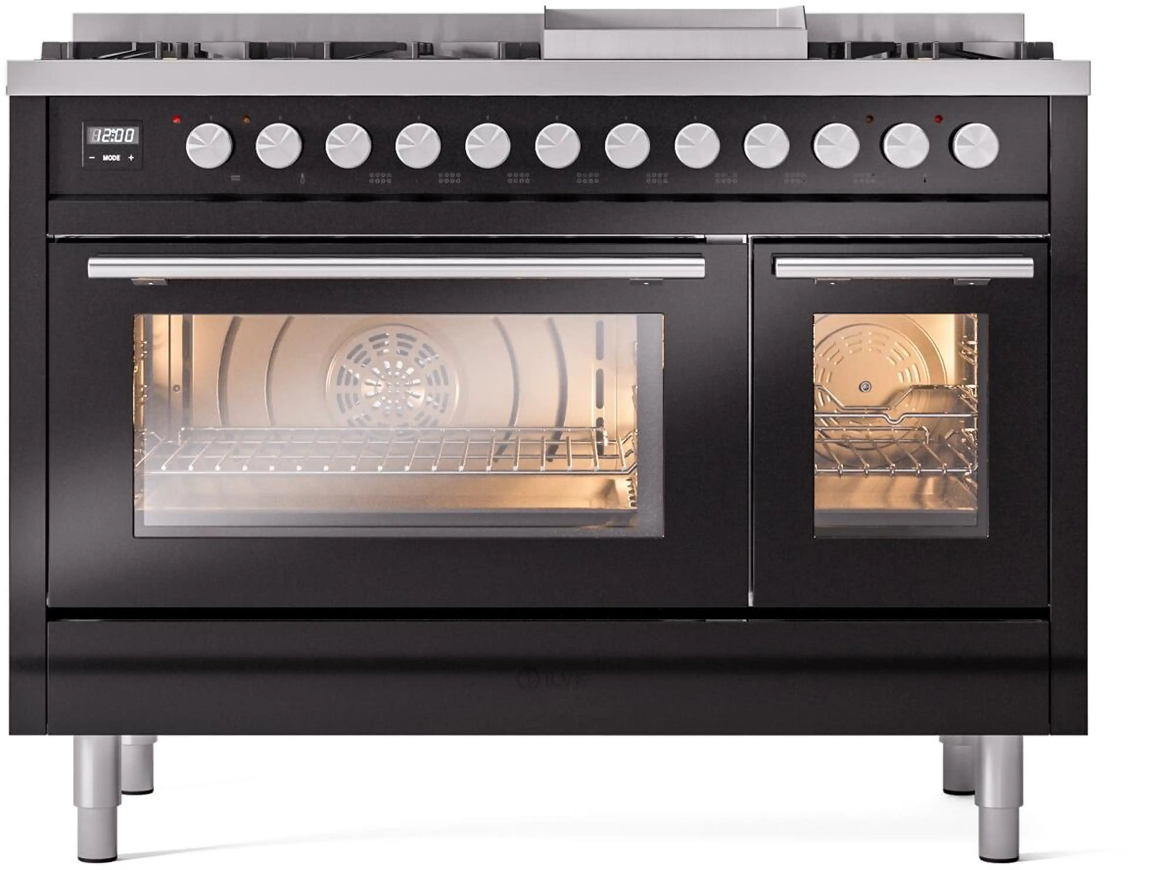 Glossy black dual fuel range with top burner knobs and two oven compartments