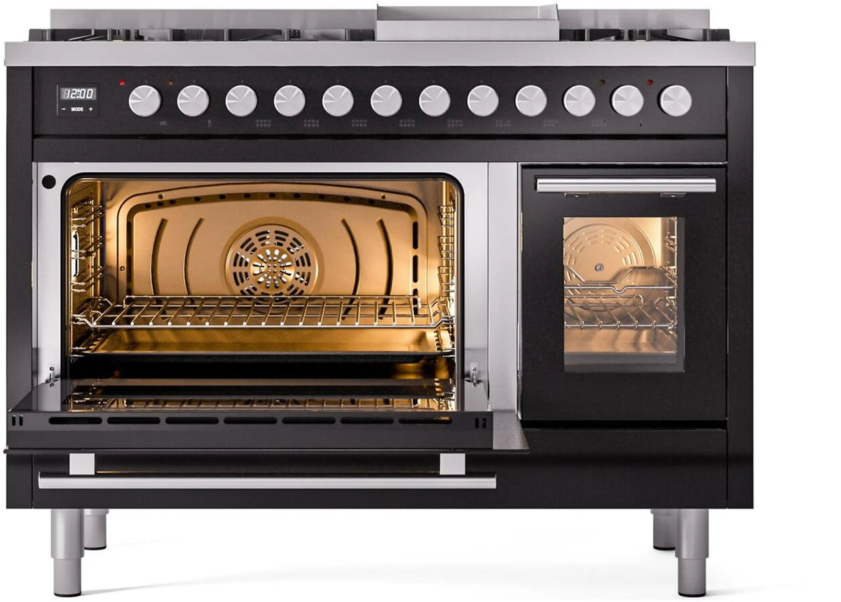 Glossy black dual fuel range with oven door open showing interior rack and burners.