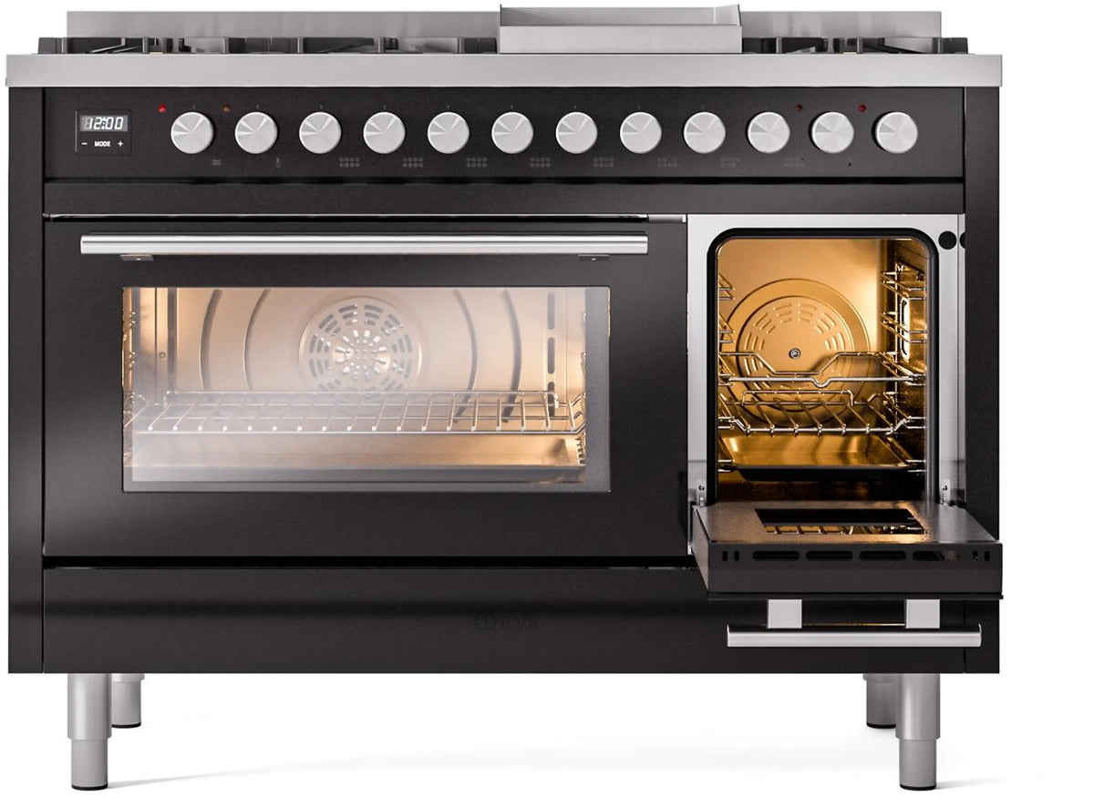 Glossy black dual fuel range with left oven door closed and right oven door open